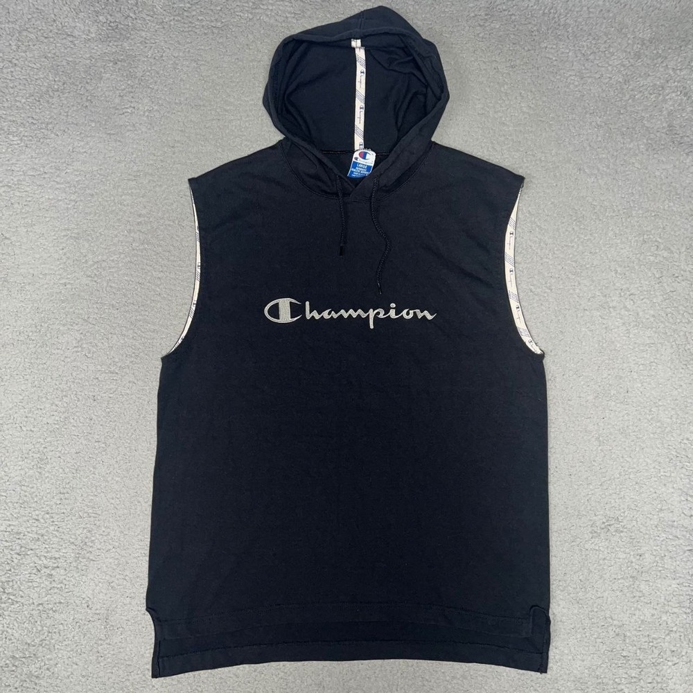 VTG Champion Hoodie Men's Sz L Black Sleeveless Muscle Tank Script Made In USA